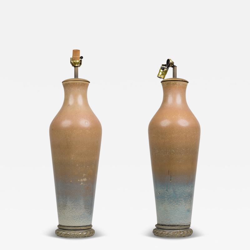 Pair of Ceramic Brown to Blue Gradient Glazed Tall Urn Table Lamps
