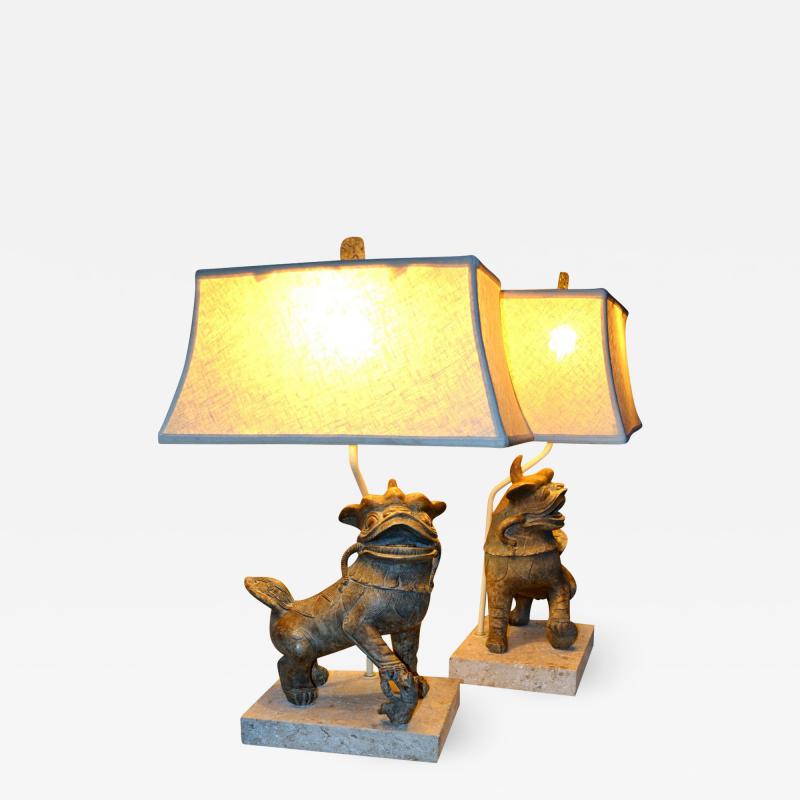 Pair of Ceramic Foo Dog Lamps on Fossil Stone Bases circa 1960