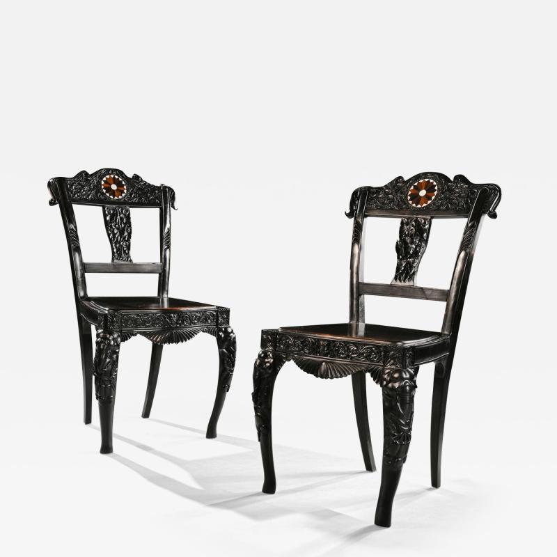 Pair of Ceylonese 19th Century Carved Ebony Side Chairs