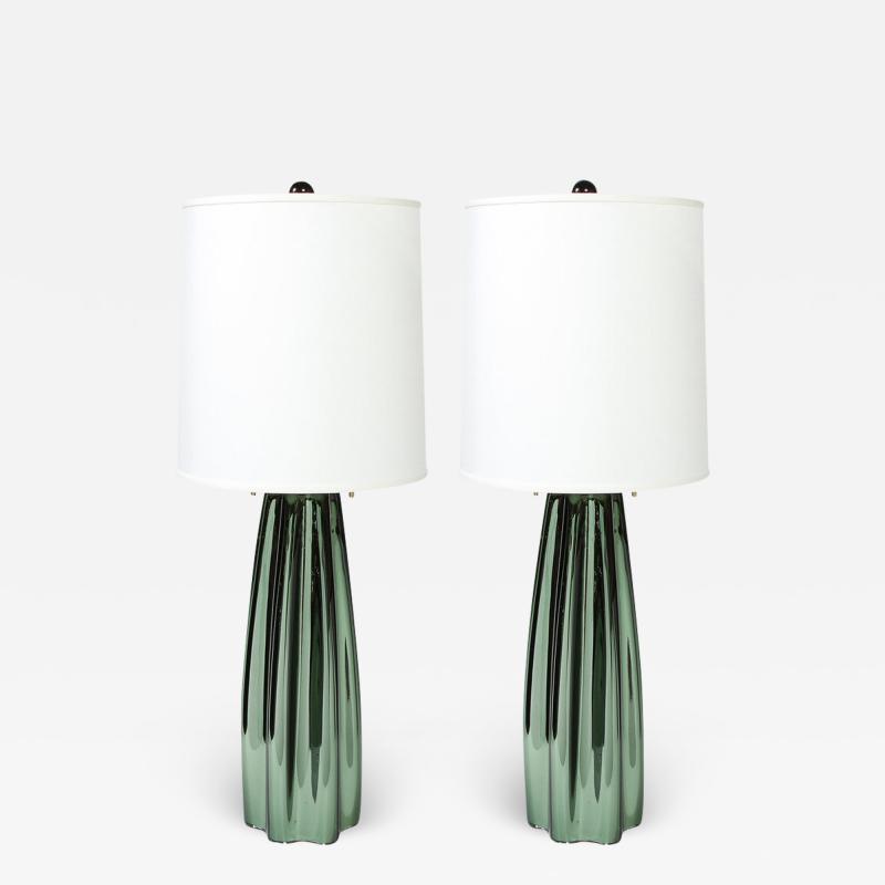 Pair of Channel Form Handblown Murano Iridiscent Viridian Green Table Lamps