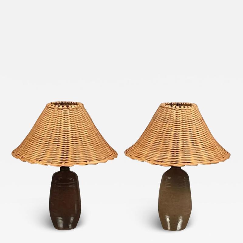 Pair of Chic Gourde Terracotta and Rattan Lamps by Design Fr res