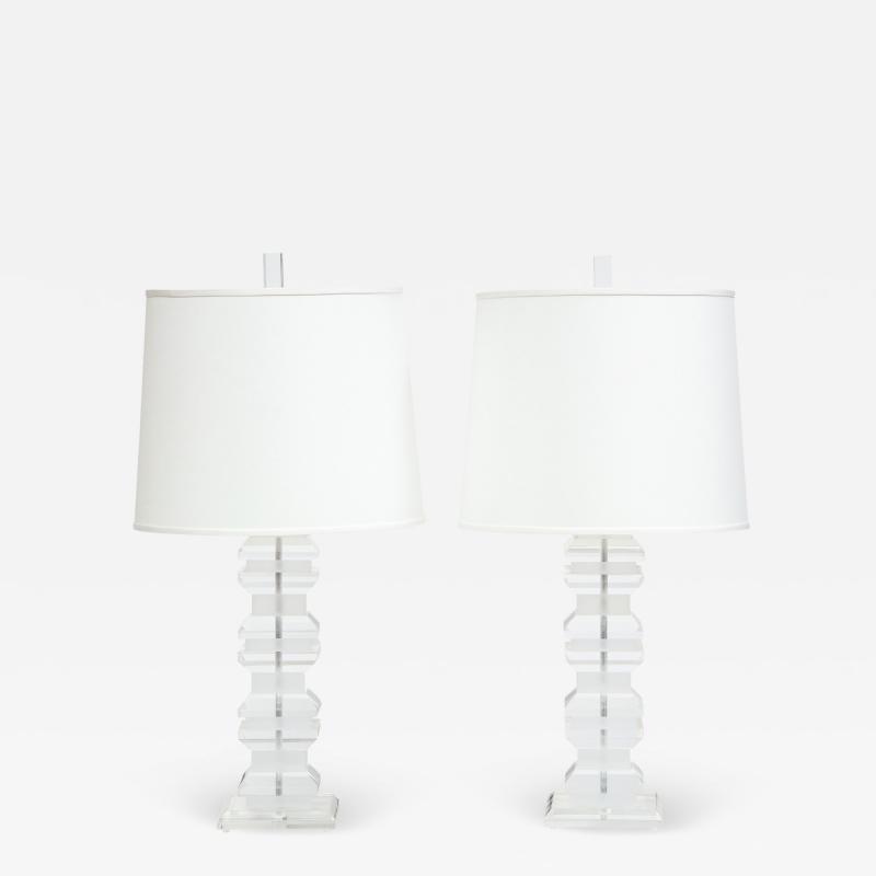 Pair of Chic Table Lamps with Alternating Frosted and Clear Lucite 1970s