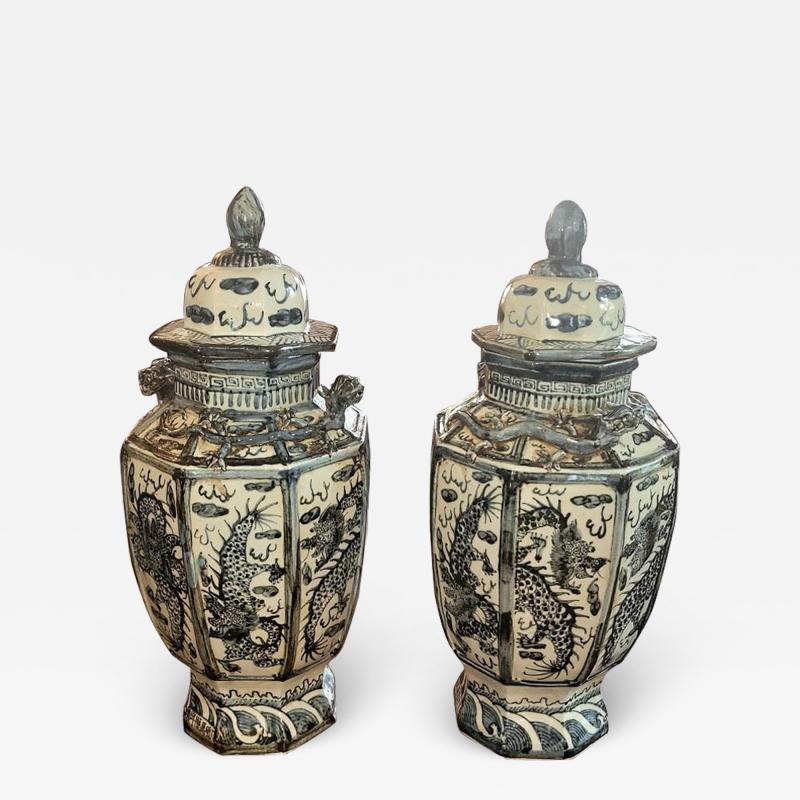 Pair of Chinese B W Hand Painted Dragon Urns