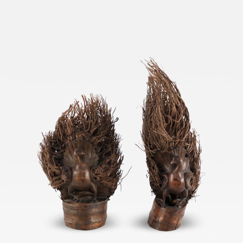 Pair of Chinese Bamboo Root Carved Peacock Sculptures