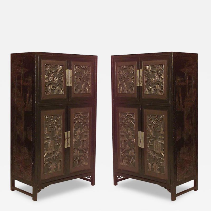 Pair of Chinese Black Lacquered Coromandel Cabinets