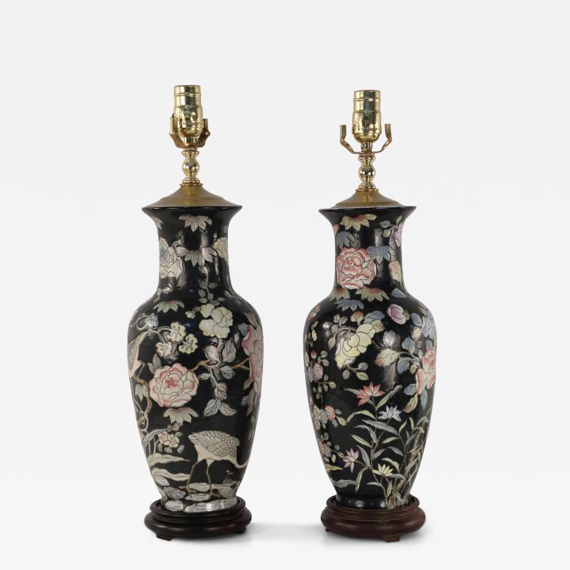 Pair of Chinese Black and Floral Motif Table Lamps
