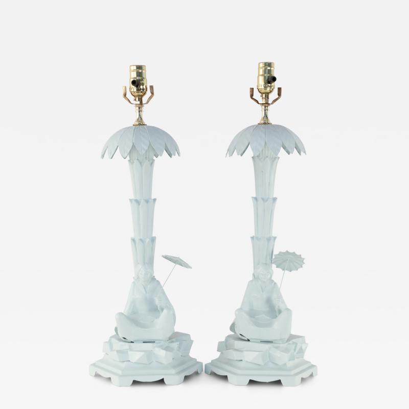 Pair of Chinese Blue Tole Palm Tree and Woman Table Lamps