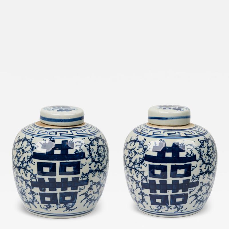 Pair of Chinese Blue White Porcelain Covered Jars with Floral Decoration