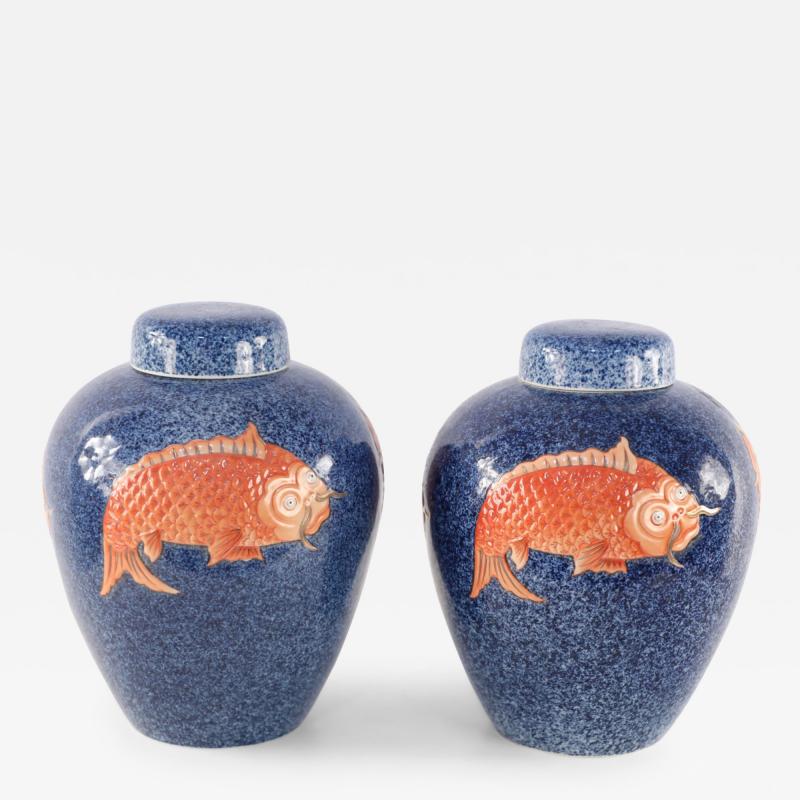 Pair of Chinese Blue and Orange Fish Design Lidded Porcelain Jars