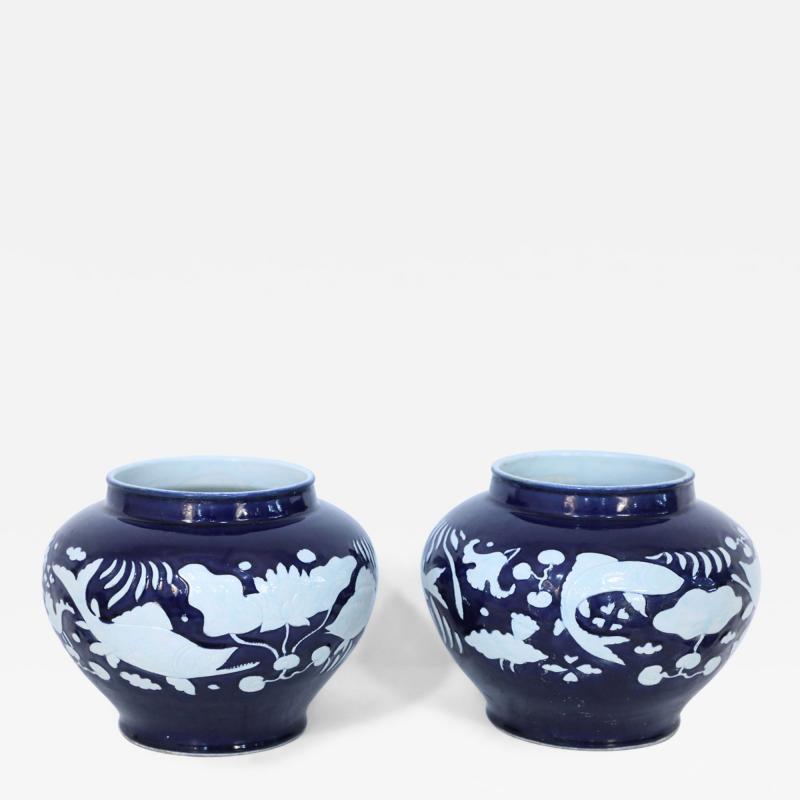 Pair of Chinese Blue and White Underwater Motif Porcelain Pots