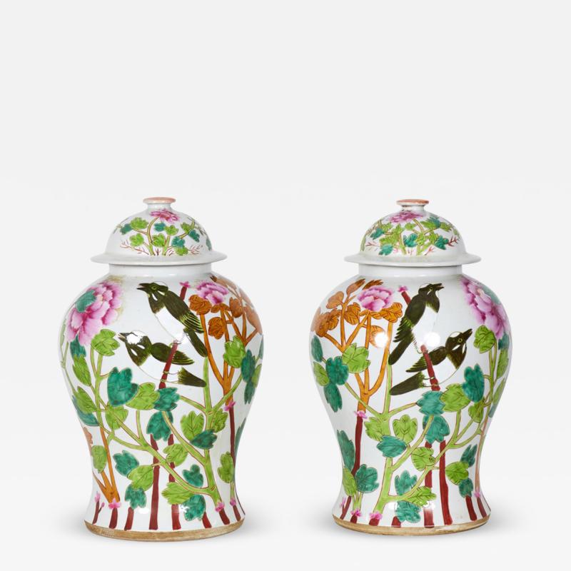 Pair of Chinese Botanical and Bird Patterned Porcelain Lidded Ginger Jars