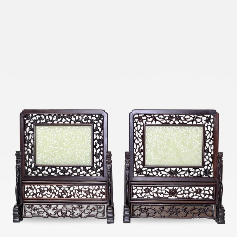 Pair of Chinese Carved Celadon Jade Table Screens China c 1920 1930s