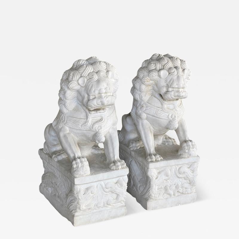 Pair of Chinese Carved Marble Foo Dogs Lions