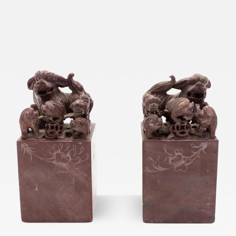 Pair of Chinese Carved Stone Dog Bookends