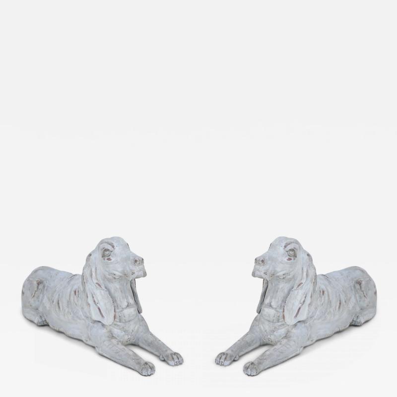 Pair of Chinese Carved Whitewashed Wooden Dog Statues