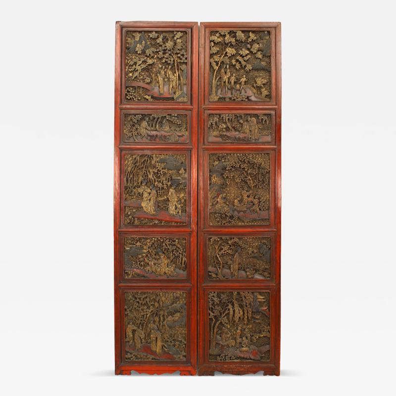 Pair of Chinese Carved and Lacquered Door Panels
