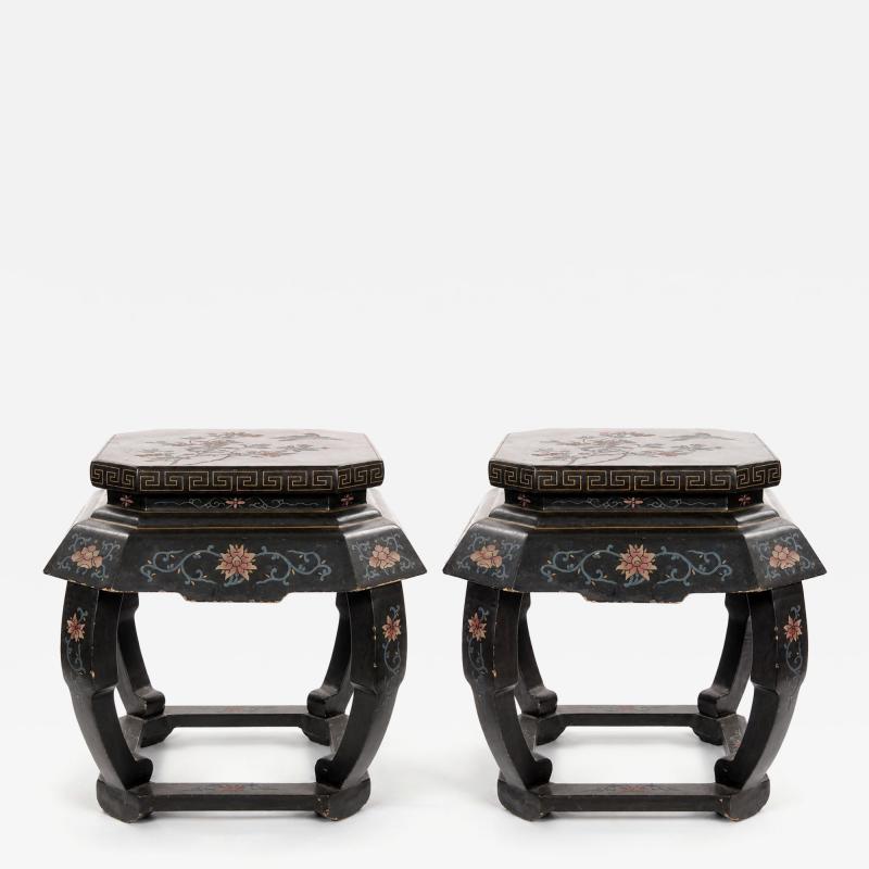 Pair of Chinese Chinoiserie Lacquered Painted Side Tables circa 1970