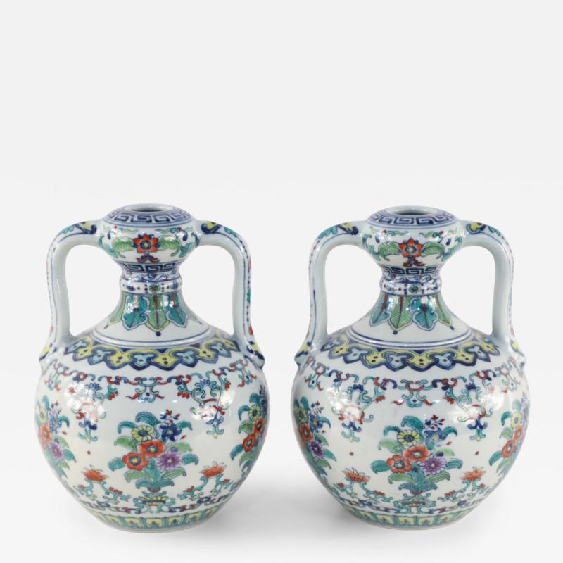 Pair of Chinese Doucai Double Ear Porcelain Vases
