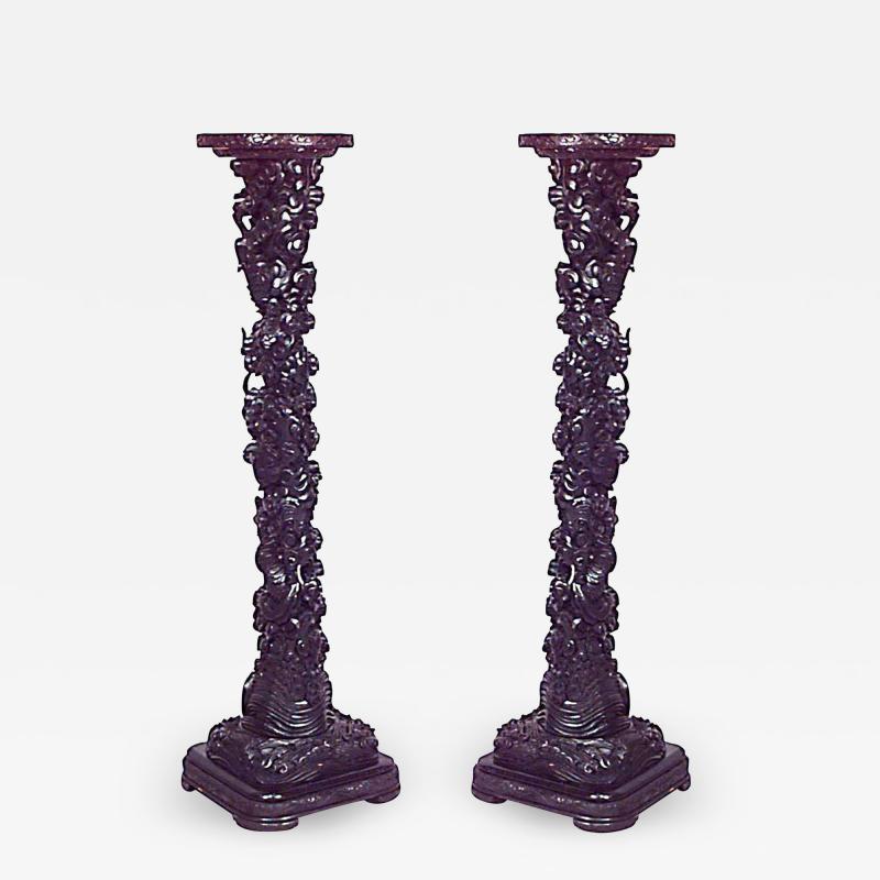 Pair of Chinese Ebonized Carved Scroll