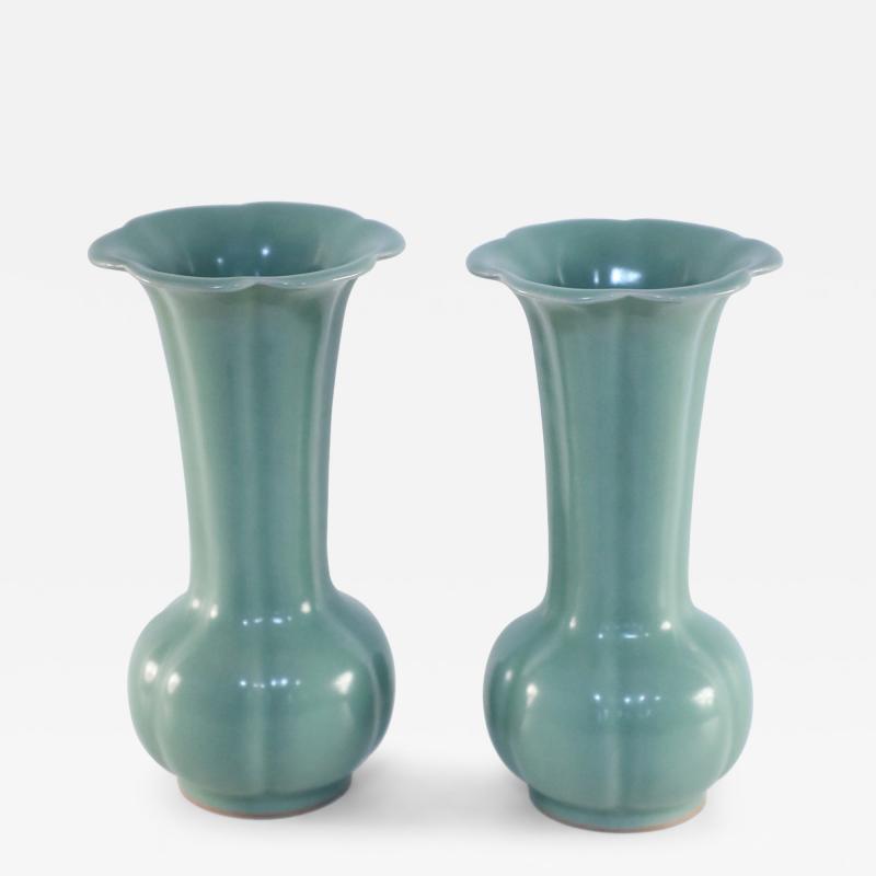 Pair of Chinese Fluted and Scalloped Celadon Porcelain Vases