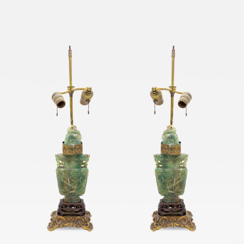 Pair of Chinese Jade colored Hardstone Lamps