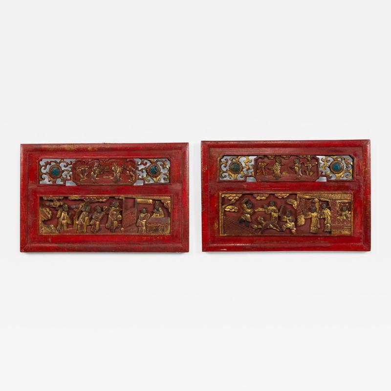 Pair of Chinese Lacquered Carved Wall Plaques