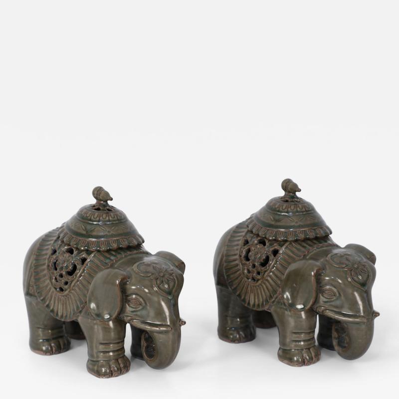Pair of Chinese Lidded Porcelain Elephant Figurines
