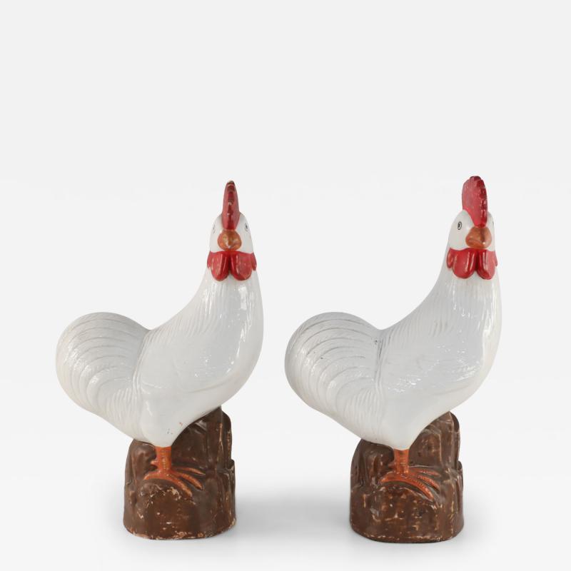 Pair of Chinese Mid Century White Porcelain Chickens