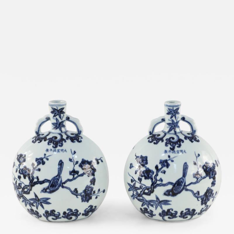 Pair of Chinese Ming Dynasty Style Blue and White Porcelain Moonflask Vases