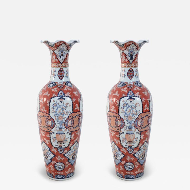 Pair of Chinese Monumental Imari Style Monumental Orange Porcelain Vases