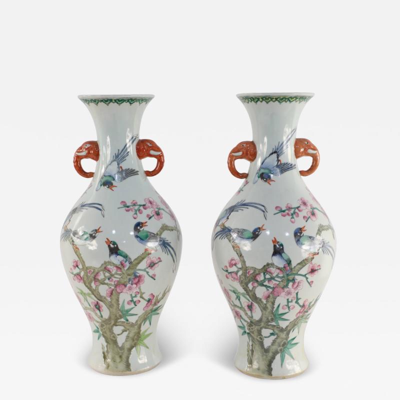 Pair of Chinese Off White Cherry Blossom Tree and Bird Motif Porcelain Vases
