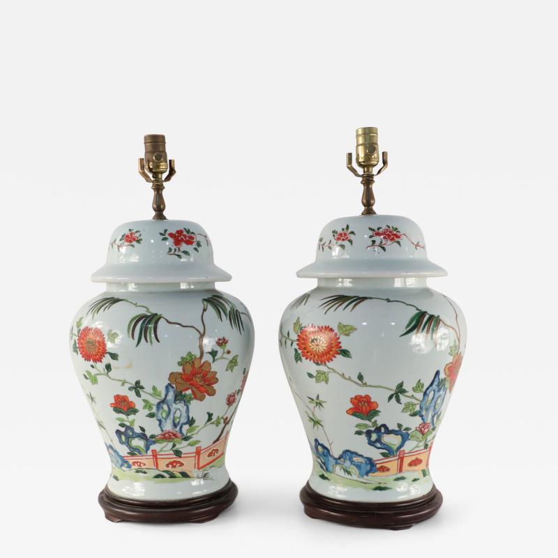 Pair of Chinese Off White Floral and Bamboo Design Table Lamps