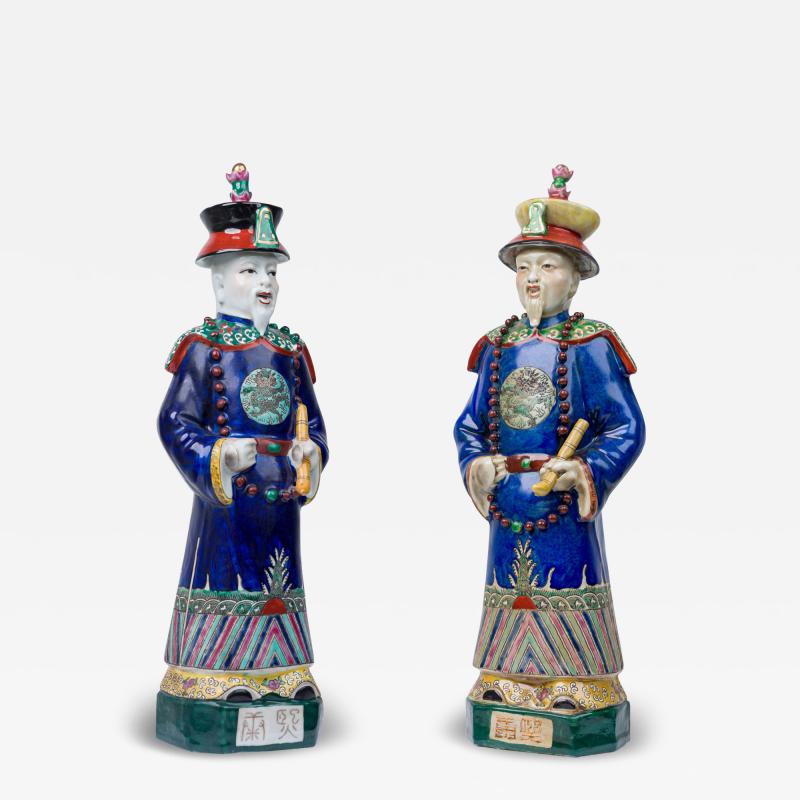 Pair of Chinese Painted Ceramic Figures Depicting a Blue Robed Emperor