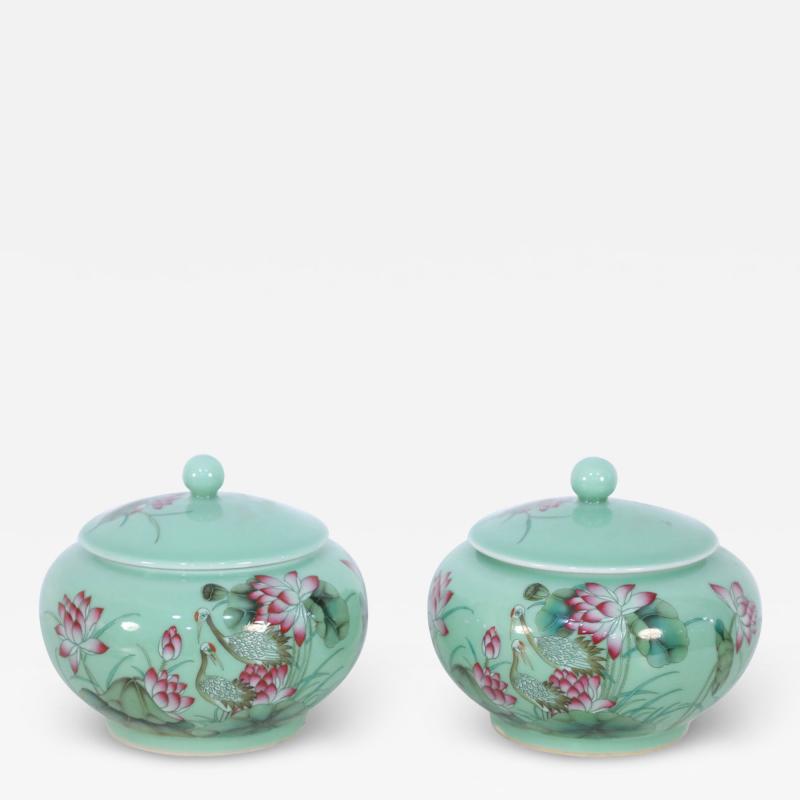 Pair of Chinese Pale Green and Pink Blossom Lidded Jars