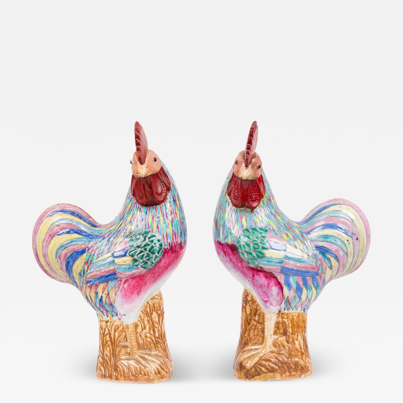 Pair of Chinese Polychrome Porcelain Roosters