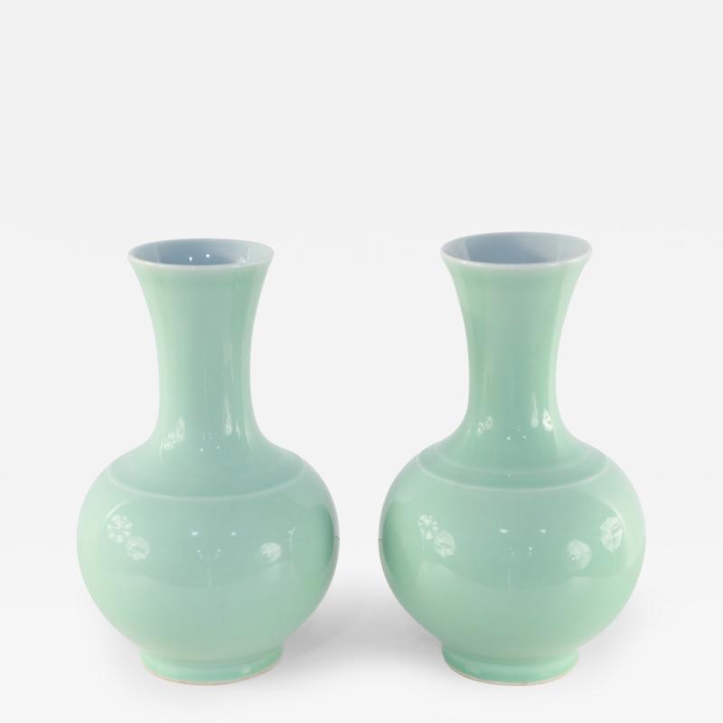 Pair of Chinese Qing Dynasty Style Mint Green Glazed Globular Porcelain Vases
