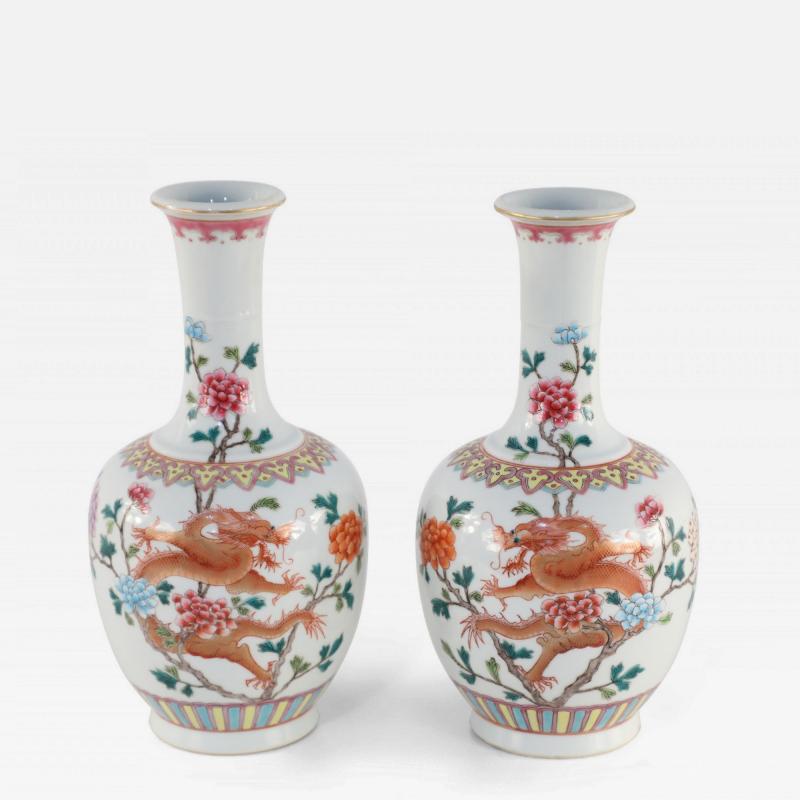 Pair of Chinese Qing Dynasty Style Orange Dragon and Floral Motif Porcelain Vase