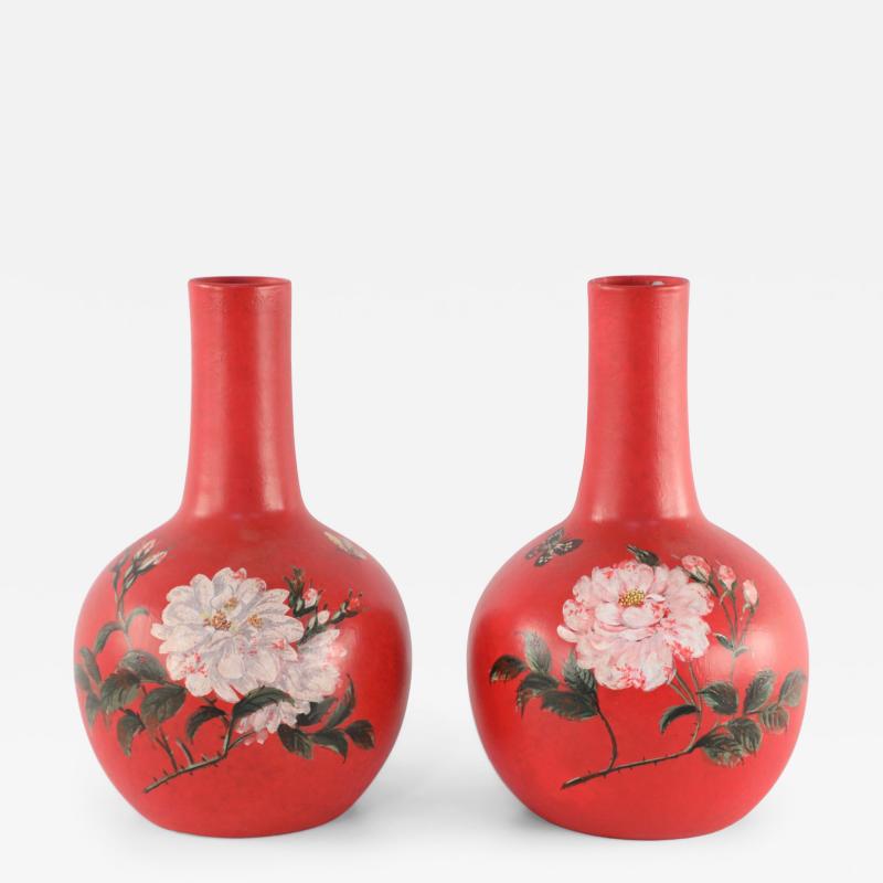 Pair of Chinese Red Flower Design Hand Painted Porcelain Vases