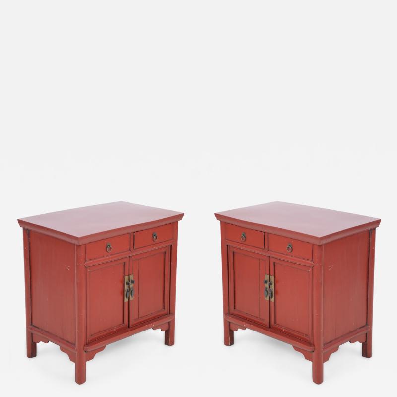 Pair of Chinese Red Painted Wooden Commodes Side Tables