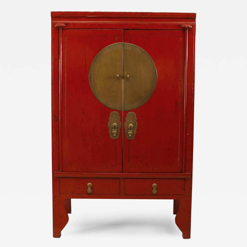 Pair of Chinese Style Brass and Red Lacquered Armoire Cabinets