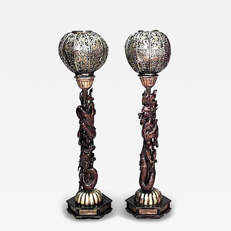 Pair of Chinese Style Filigree Gilt Wood Dragon Floor Lamps