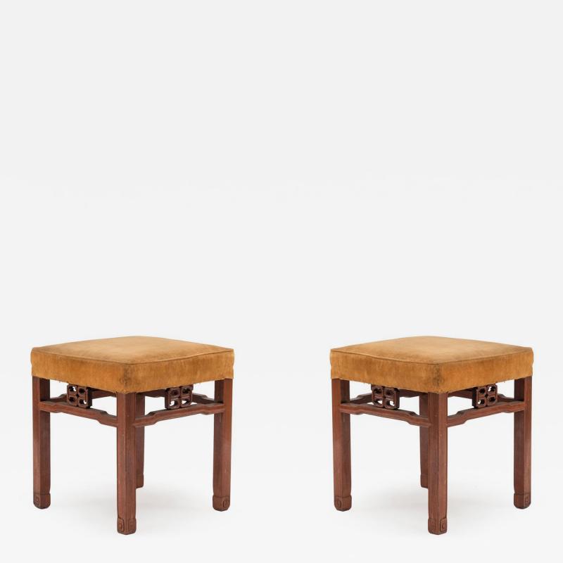 Pair of Chinese Teak and Velvet Benches