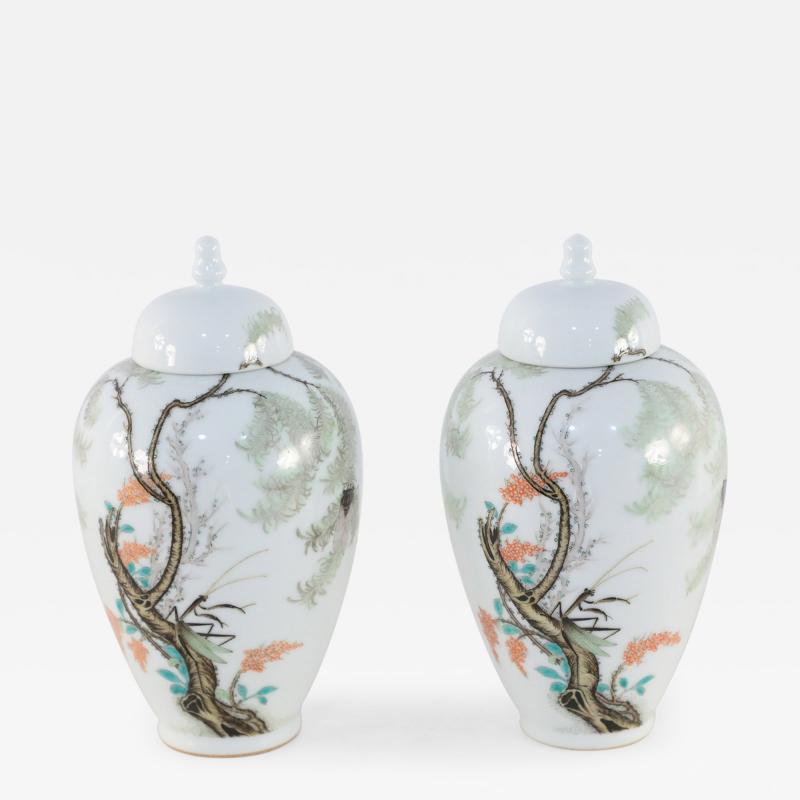 Pair of Chinese White Porcelain Famille Rose Lidded Jars