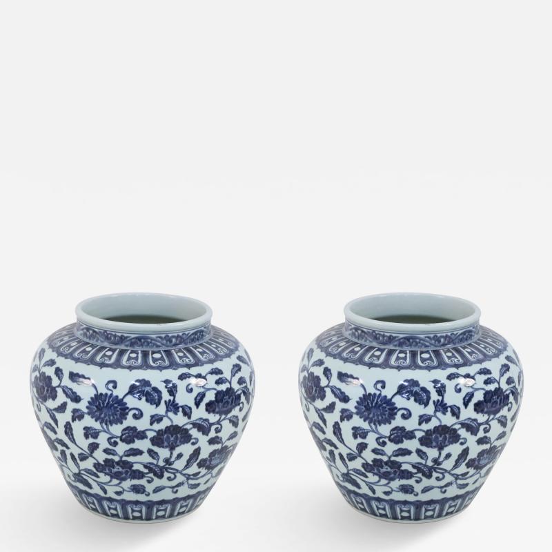 Pair of Chinese White and Blue Floral Porcelain Pots