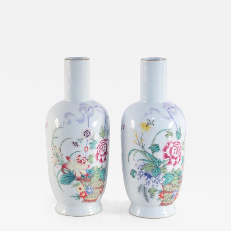 Pair of Chinese White and Floral Patterned Porcelain Mallet Vases