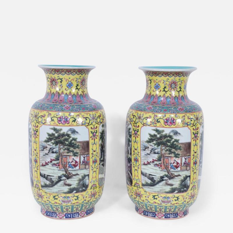 Pair of Chinese Yellow and Turquoise Genre Vignette Porcelain Vases