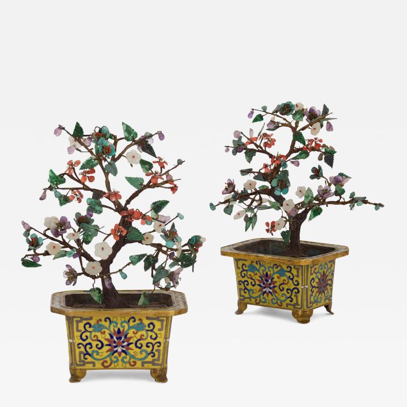 Pair of Chinese hardstone jade and cloisonn enamel flower tree models