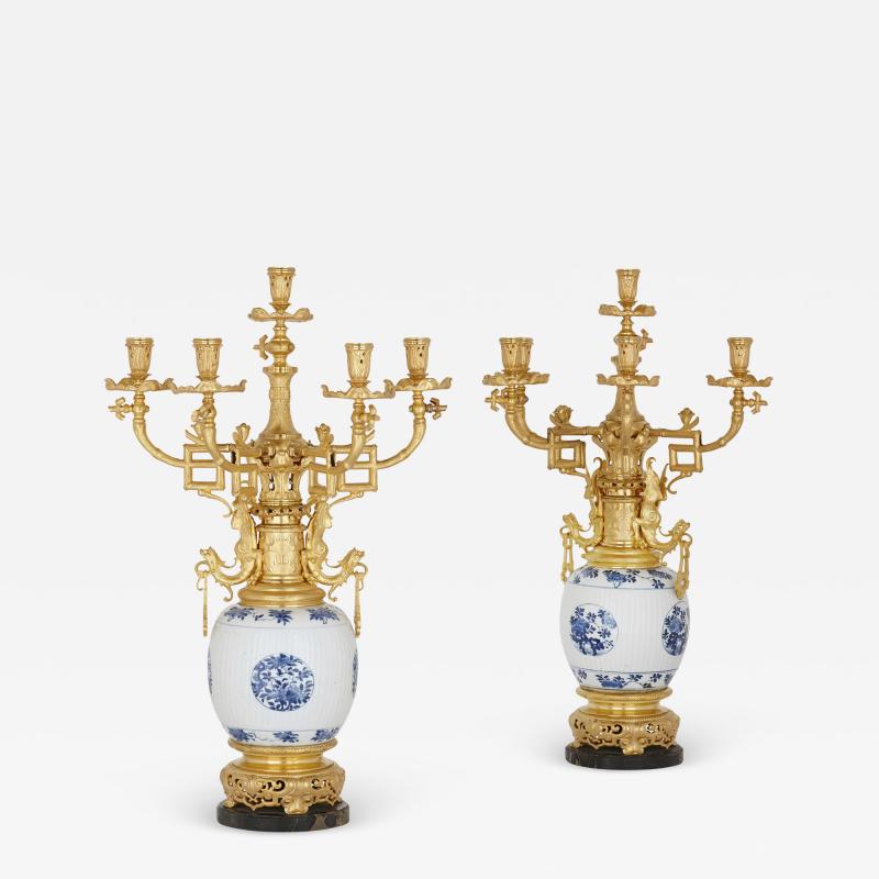 Pair of Chinese porcelain and French Chinoiserie style gilt bronze candelabra