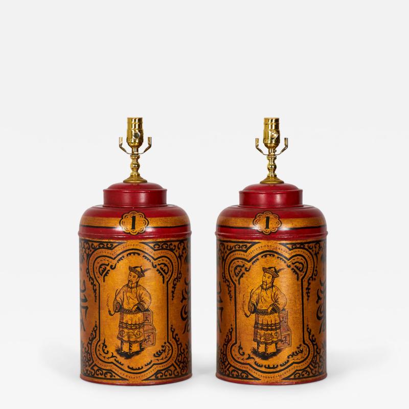 Pair of Chinoiserie Red and Gold Hand Painted Tole Tea Caddy Table Lamps