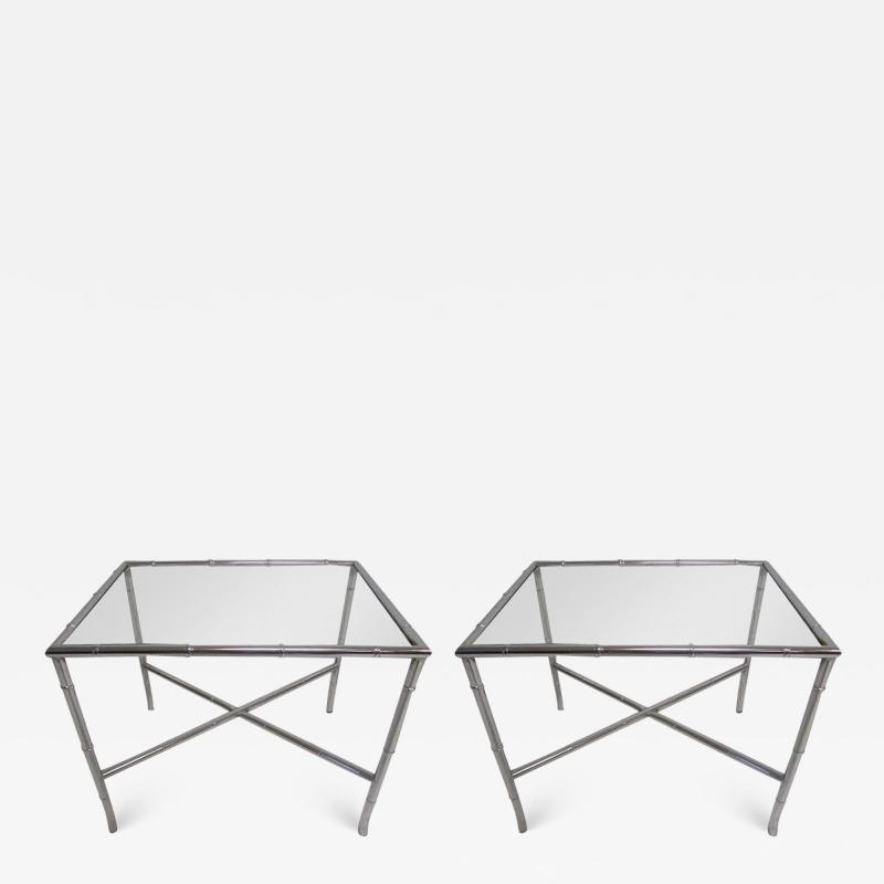 Pair of Chrome Faux Bamboo Chinoisiere Style Side Tables Hollywood Regency
